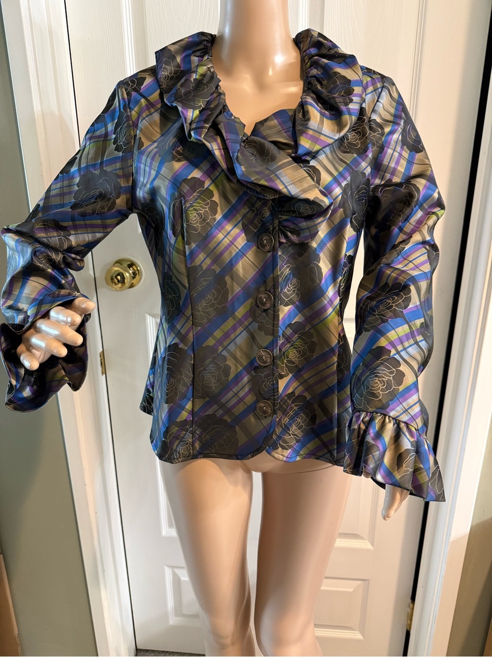 Samuel Dong Womens Ruffle Blouse Top M Rose Plaid Art to Wear Cocktail Business